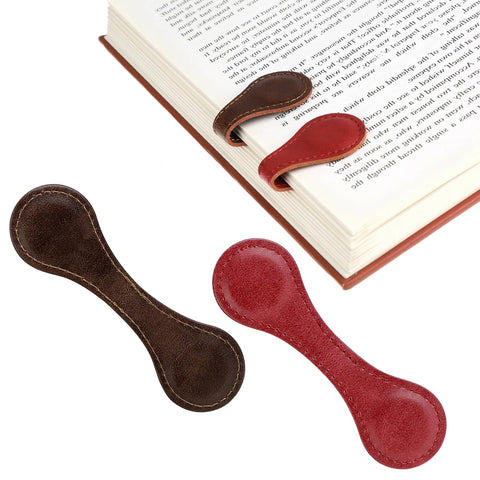 2 Pcs Magnetic PU Leather Bookmarks, Vintage PU Leather Bookmarks, Double-Sided Magnetic Bookmarks, PU Leather Page Markers Magnet Bookmarks(Brown, Red)