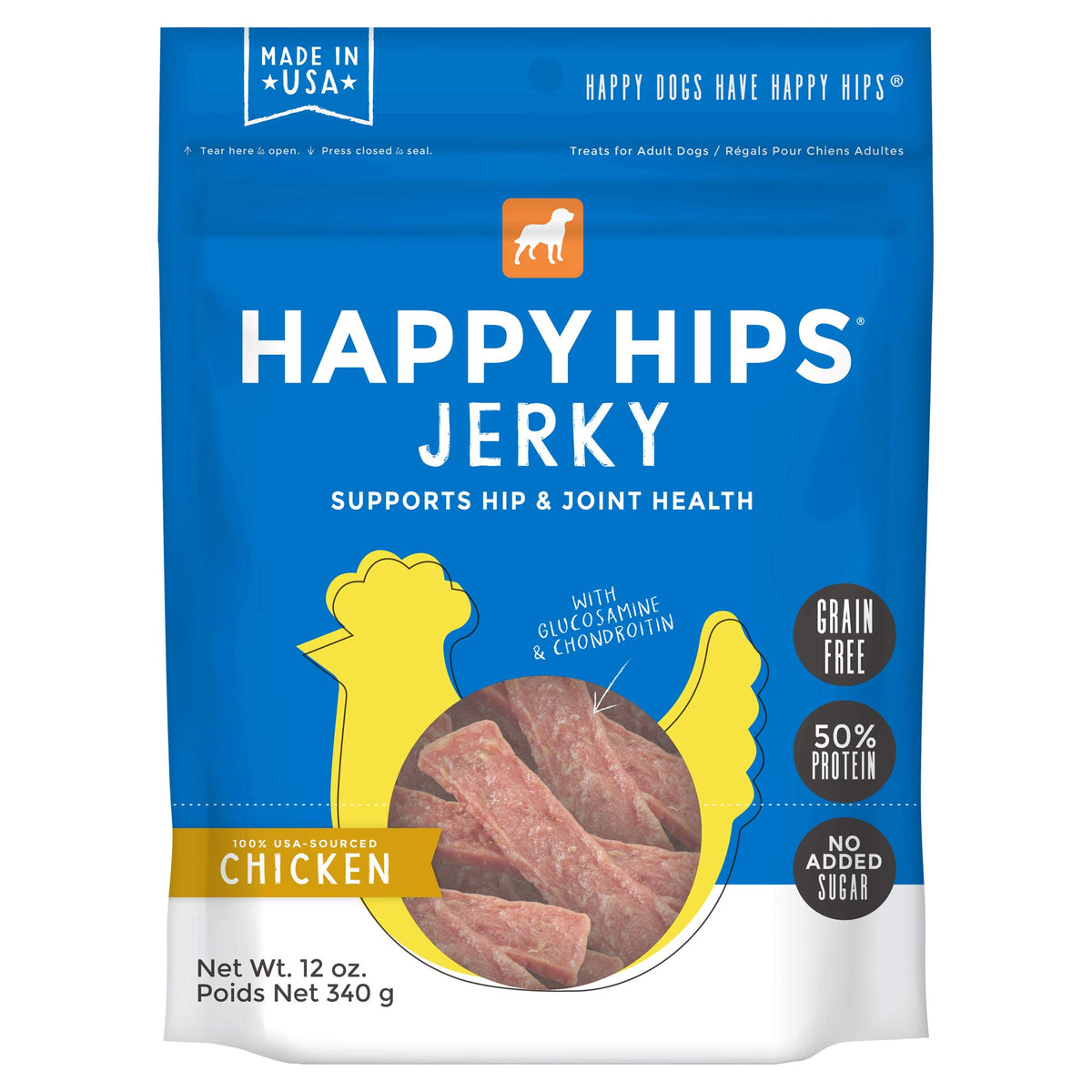 Happy Hips Chicken Jerky, Grain Free Dog Treats With Glucosamine & Chondroitin, Made In USA, 12 oz