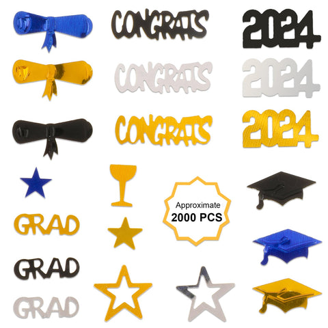 Konsait 2024 Graduation Confetti, Graduation Party Supplies, 2 Oz/ 1500Pcs, Graduation Table Decorations Gold Black Silver and Blue Congrats Stars 2024 Goblet Diploma Confetti Graduation Decorations