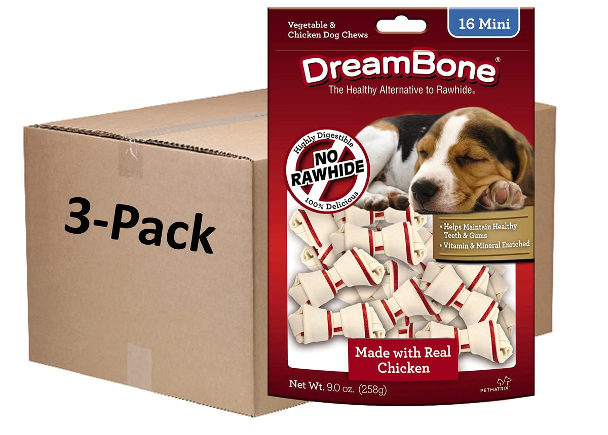 Dreambone Mini Chews with Real Chicken 16 Count, Rawhide-Free Chews for Dogs, 9 Ounce, Package May Vary (3 Pack)