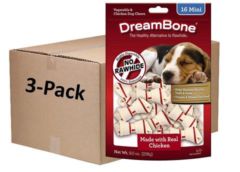 Dreambone Mini Chews with Real Chicken 16 Count, Rawhide-Free Chews for Dogs, 9 Ounce, Package May Vary (3 Pack)