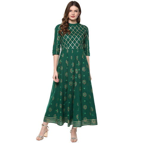 Idalia Women's Gold Print Anarkali Kurta (Dark Green, Small)
