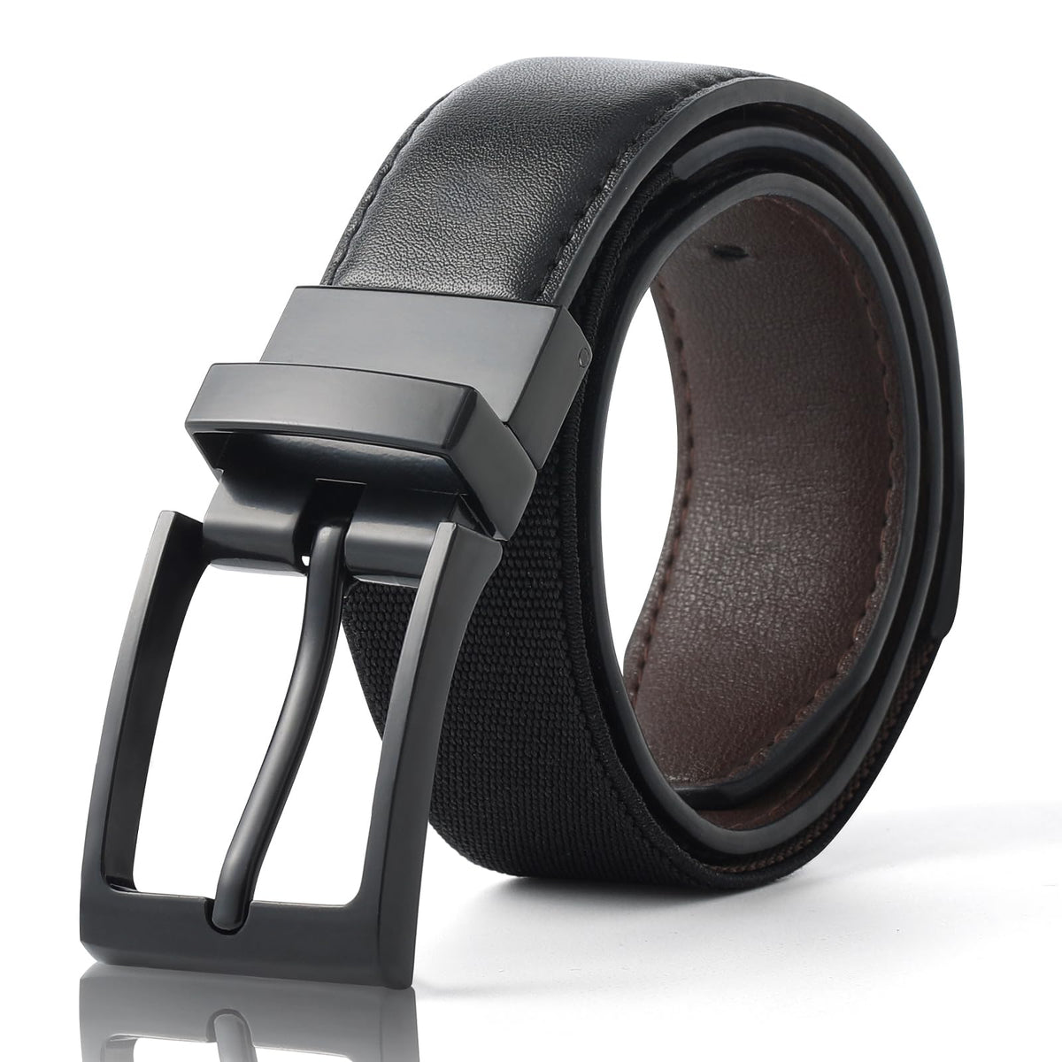 AWAYTR Boys Reversible Belts for Kids - Elastic and PU Leather Black and Brown Belt for Youth (80cm, Black)