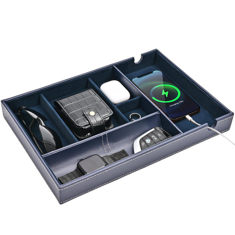 ProCase PU Valet Tray for Dad, Nightstand Organizer EDC Dump Catchall Trays with Phone Charging Station, Dresser Top Entryway Faux Leather Storage Box -DarkBlue