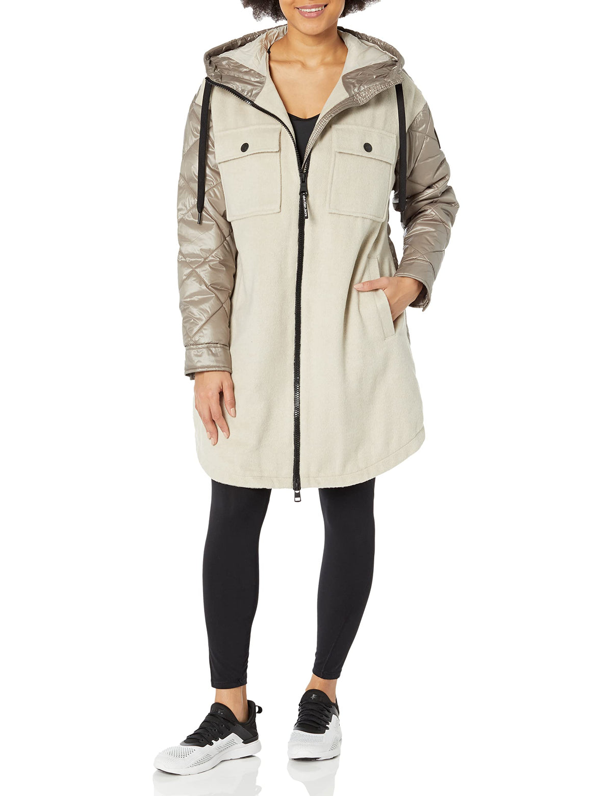 Calvin Klein womens ZIP FRONT HOODED FAUX WOOL MIX COAT W/QUILTED BACK AND SLEEVES ZIP FRONT HOODED JACKET,KHAKI, X-Small