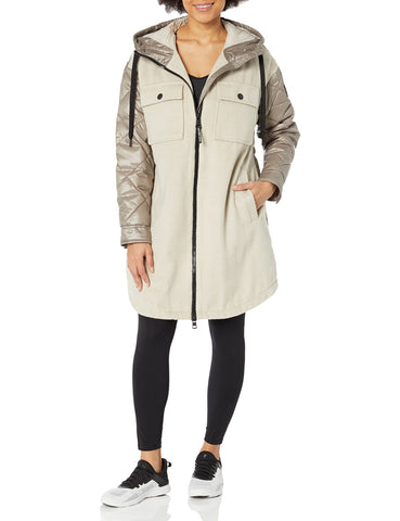 Calvin Klein womens ZIP FRONT HOODED FAUX WOOL MIX COAT W/QUILTED BACK AND SLEEVES ZIP FRONT HOODED JACKET,KHAKI, X-Small