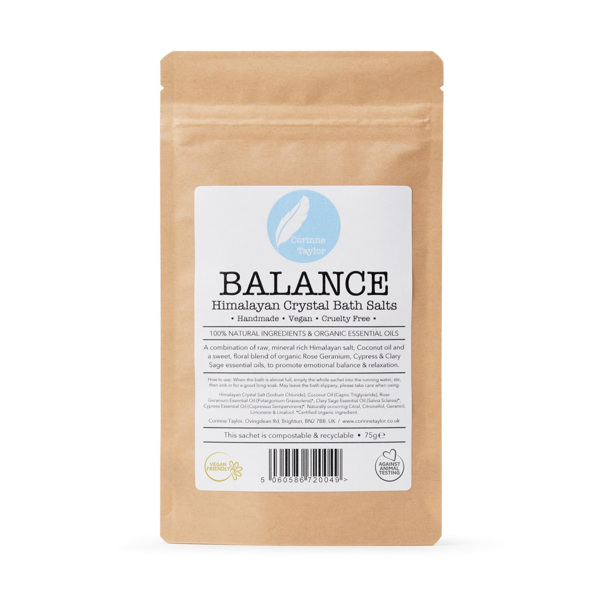 Corinne Taylor | Balance Himalayan Bath Salts | Rose Geranium, Clary Sage & Cypress | for Emotional Balance & Relaxation | Organic & Natural | 75g