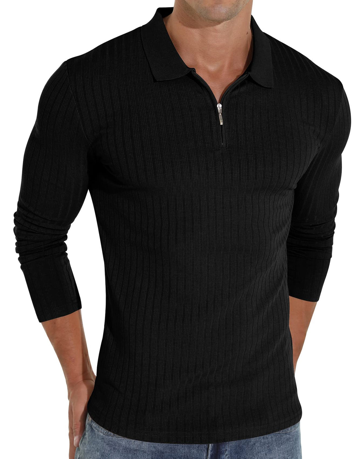 Sailwind Zipper Polo Shirts for Men Long Sleeve Slim Fit Shirts Casual Stretch Ribbed Knit Zip Shirt (Black, XXL)
