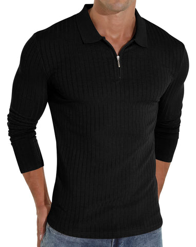 Sailwind Zipper Polo Shirts for Men Long Sleeve Slim Fit Shirts Casual Stretch Ribbed Knit Zip Shirt (Black, XXL)
