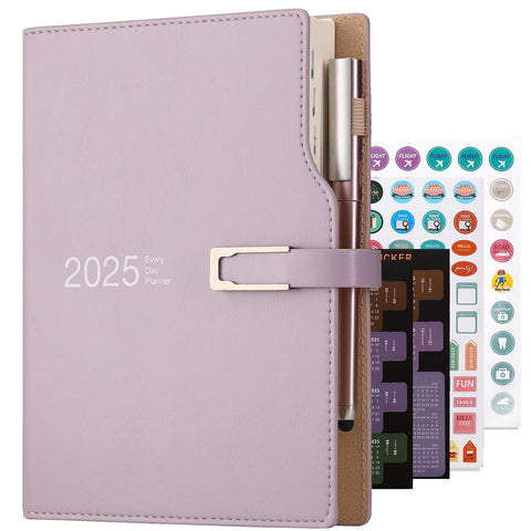 Academic Diary 2025 A5 Day to Page,Schedule Organizer with Calendar Stickers, Agenda Diary Planner with Pen Holder and Pen,Premium Thicker Paper 14 X 21.5 cm (Purple)
