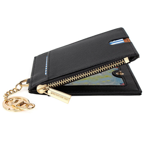 KOTORA Small Wallet for Women Men Slim Flip Card Holder Leather Mini Pocket Wallets Keychain Zip Coin Purse Rfid Bifold Billfold, Black, Mini