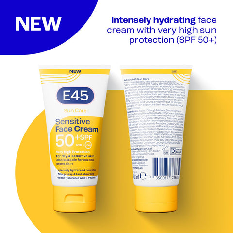 E45 SPF50+ Sensitive Sun Cream for Face with Hyaluronic Acid - UVA and UVB Protection - Fragrance-Free and Dermatologically Tested Sunscreen - Suitable For Dry, Sensitive and Eczema Prone Skin (50ml)