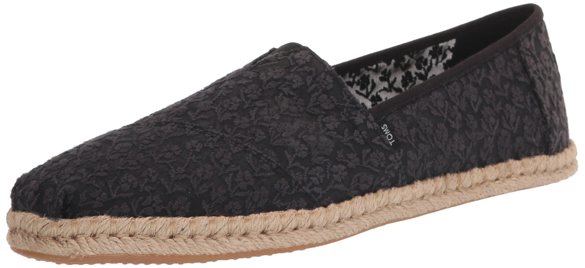 TOMS Women's Alpargata Rope Loafer Flat, Black Posy Lace, 5.5