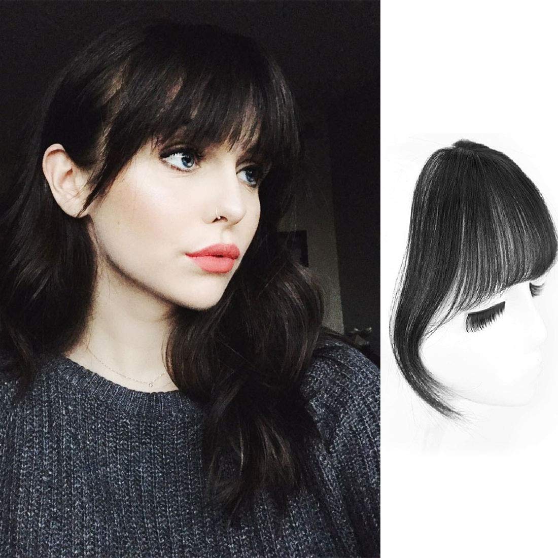 Bangs Hair Clip in Bangs 100% Real Human Hair Extensions Wispy Bangs Clip on Air Bangs for Women Hairpieces Curved Bangs for Daily Wear (French Bangs, F-Parting Narural)