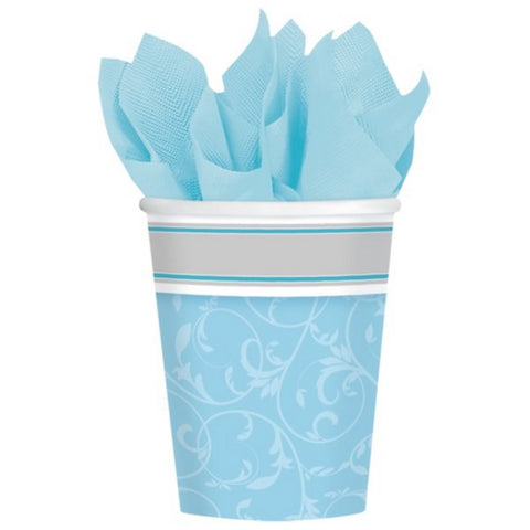Amscan Boys Blessings Religious Party Scroll Printed Paper Cups (Pack of 8), Blue, 9 oz
