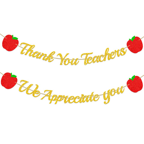 Gold Glitter Thank You Teachers We Appreciate You Banner - NO DIY, Teacher Appreciation Week Banner for School Classroom - Teachers Day Party Decorations Supplies