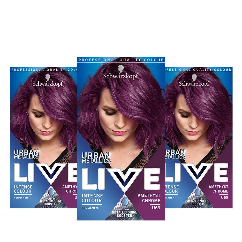 Schwarzkopf Live Intense Colour Hair Dye, Permanent Colour & Built-In Vibrancy Serum - 3x U69 Amethyst Chrome