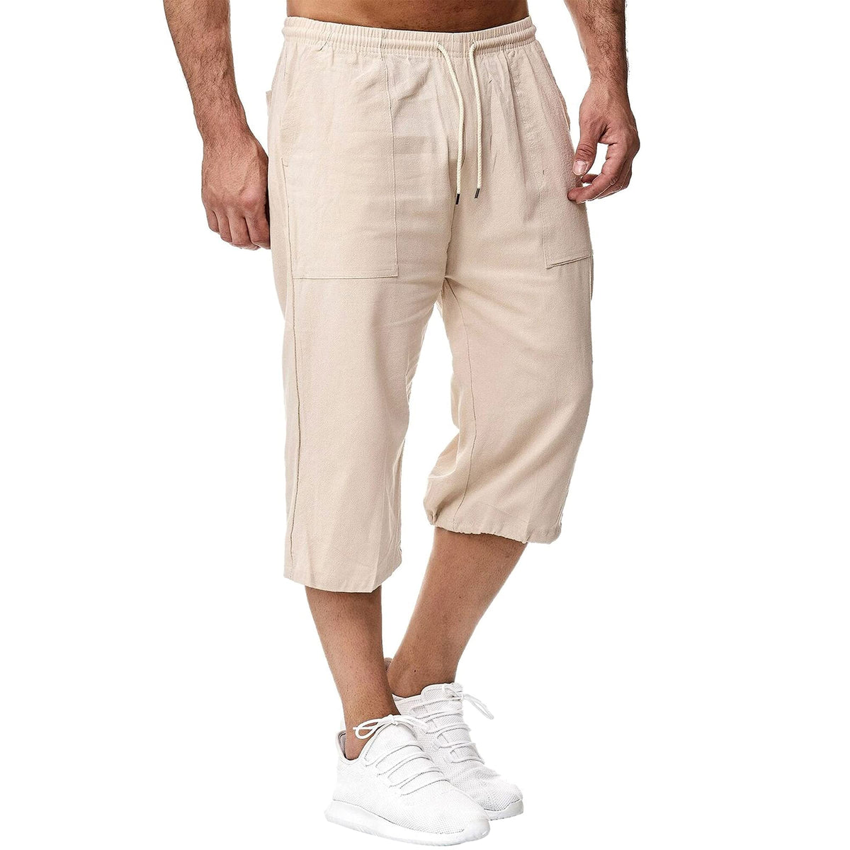 Sprifloral Mens Linen Shorts 3/4 Length Pants Summer Trousers Beach Yoga Joggers Casual Sweatpants Khaki XL