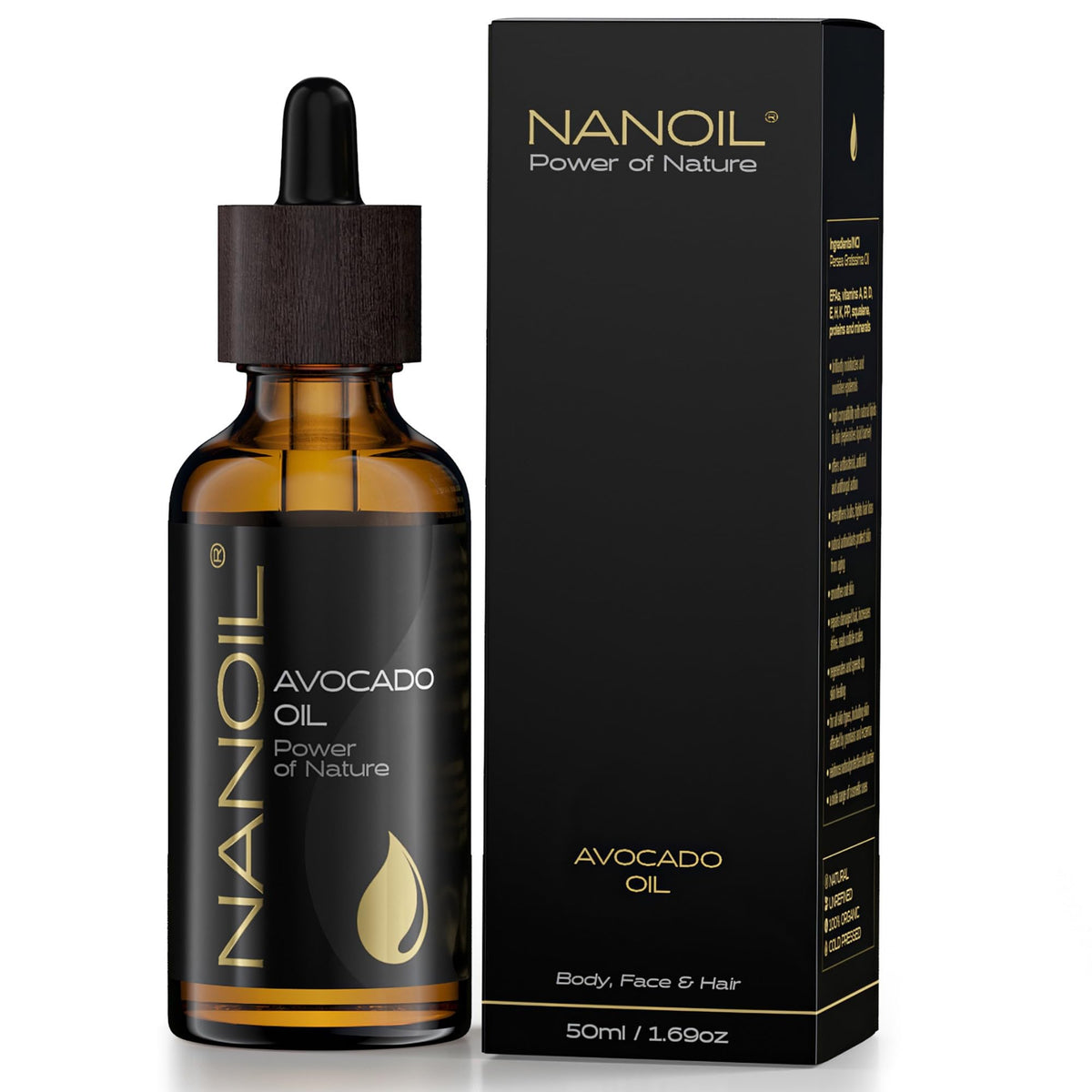 Nanoil Avocado Oil 50ml - Organic, cold-pressed and unrefined avocado oil for face, body and hair care. Vitamin bomb, rejuvenation and protection