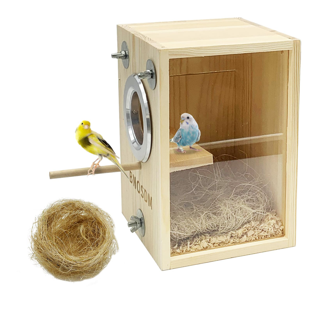 BNOSDM Small Parakeet Nesting Box, Transparent Bird Breeding Nest Boxes Natural Wood Bird Cage House with Coconut Fiber for Small Conure Lovebirds Finch Parrot Canary Mating