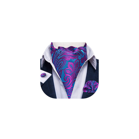 DiBanGu Blue Purple Ascot Ties for Men Cravat Tie and Pocket Square Set Jacquard Silk Ascot Paisley Cravat for Men