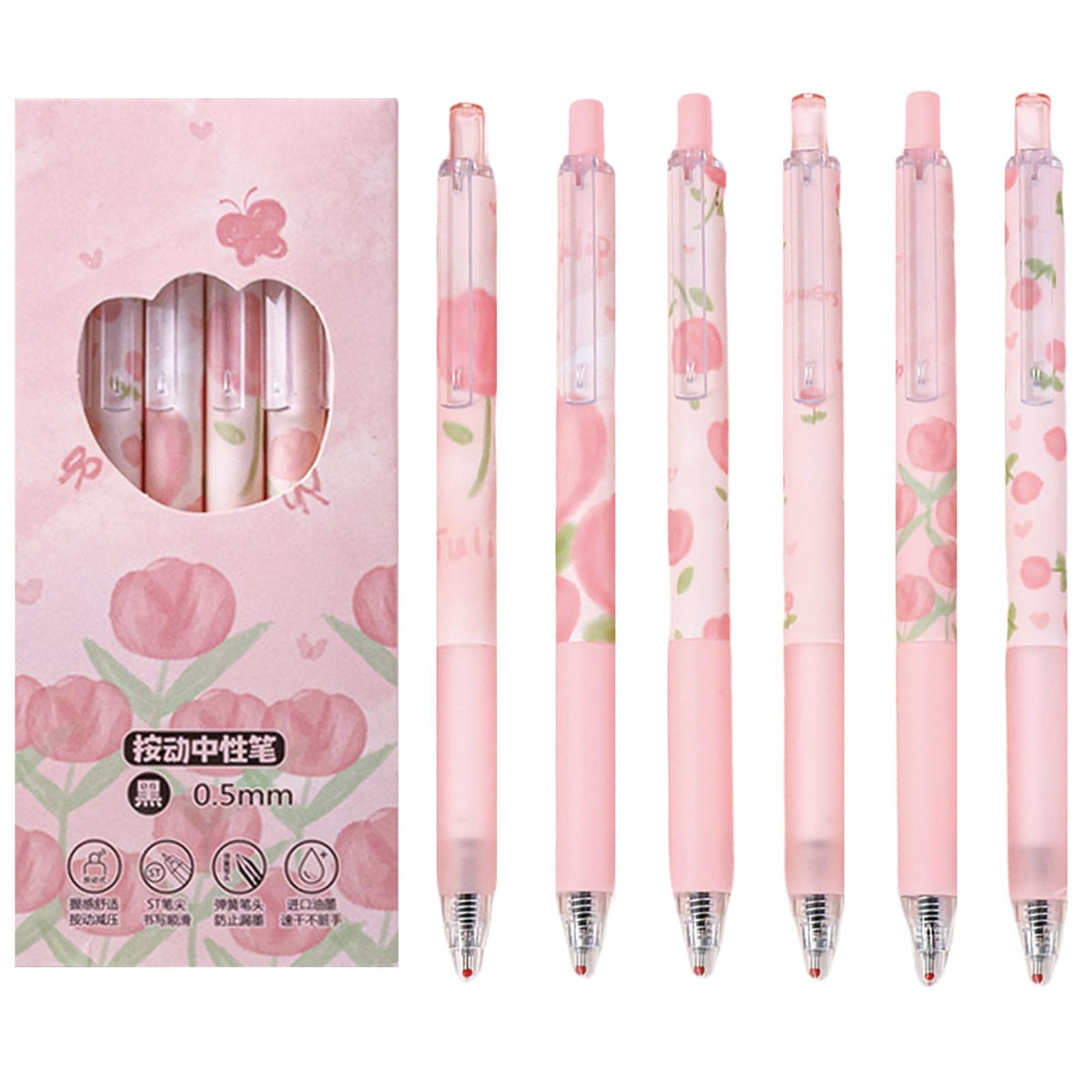 MOZXIRZ 6 Pcs Cute Retractable Pens Gel Ink Pens Aesthetic Pens 0.5mm Black Ink Writing Pens Office School Pens Cute Women Girls Pens (Pink)