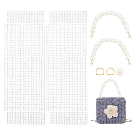 WADORN 2 Sets DIY Crochet Knitting Bag Making Kit, Hand-Knit Woven Bag Making Tools Including Mesh Clear Plastic Canvas Sheets Imitation Pearl Straps Iron D Rings Handbag Crafting Material Accessory