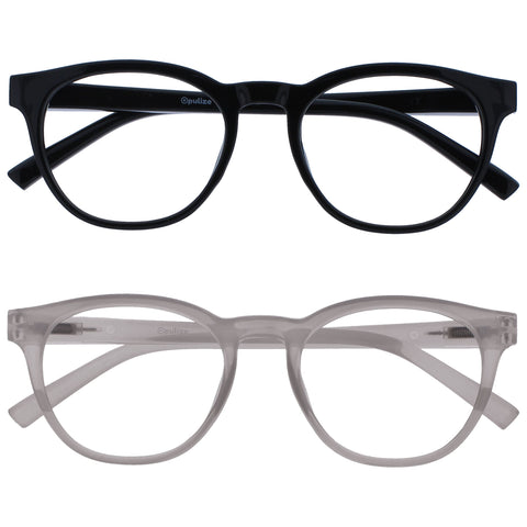 OPULIZE Blu Reading Glasses with Blue Light Blocking 2 Pack Cool Round Frame Spring Hinges Improve Sleep Computer Gaming Anti-Reflective Black Ice Mens Womens BB5-1C +1.00