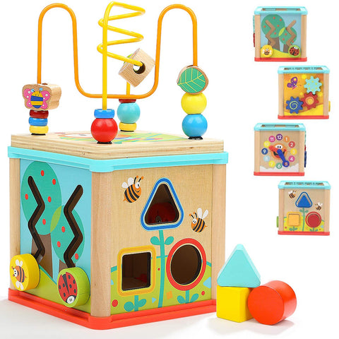 TOP BRIGHT Wooden Activity Cube 5-in-1 - Wooden Activity Table for Kids and Babies Age 1, 2 year olds - Educational Centre with Bead Maze and Sorting - Fun and Entertaining Toy for Boys Girls