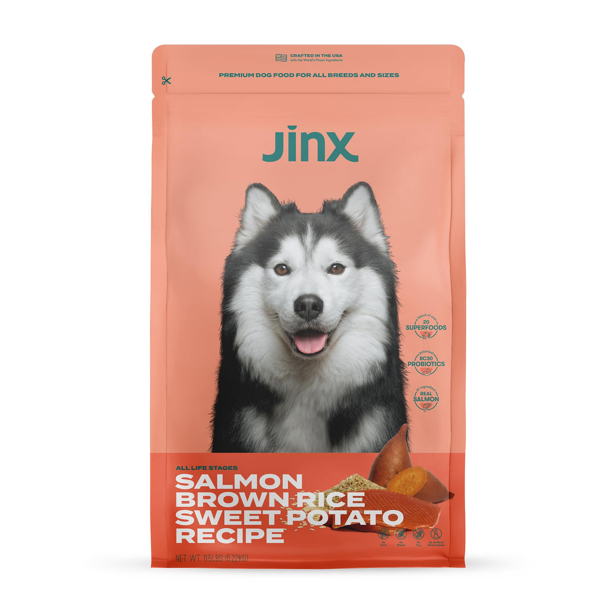 Jinx Salmon, Brown Rice & Sweet Potato Natural Kibble- Dry Dog Food for Puppies, Adults, and Seniors, 11.5 lb. Bag