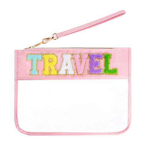 Hmxpls Chenille Letter Bag, Clear Flat Pouches with Zipper, Clear Makeup letter Bag, Multi-purpose Nylon Clear Cosmetic Bags, Clear Pouch Bag for Travel, Gym, Beach (Pink-Travel)