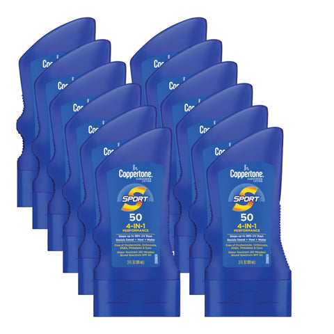 Coppertone SPORT Sunscreen Lotion SPF 50, Water Resistant Sunscreen, Broad Spectrum SPF 50 Sunscreen, Bulk Sunscreen Pack, 3 Fl Oz Bottle, Pack of 12