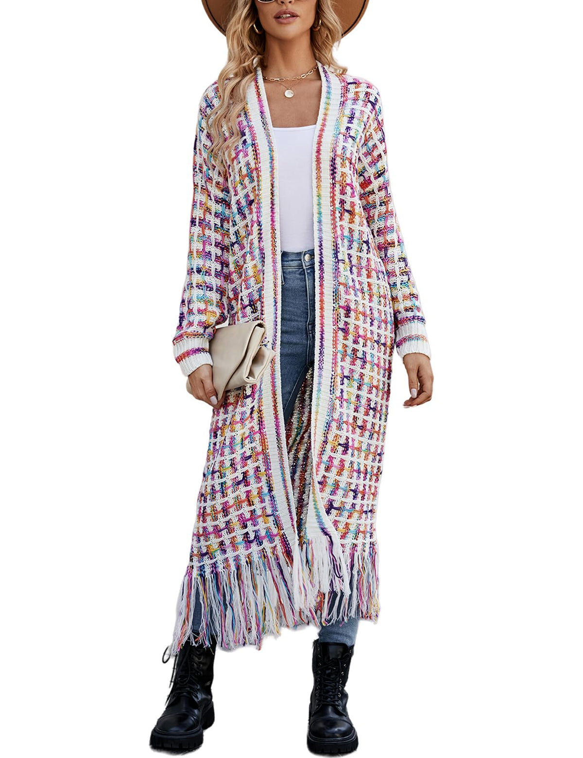 Perbai Womens Boho Cardigan Sweater Open Front Fringed Tassels Aztec Maxi Cardigan Jacket(Rosered-L)