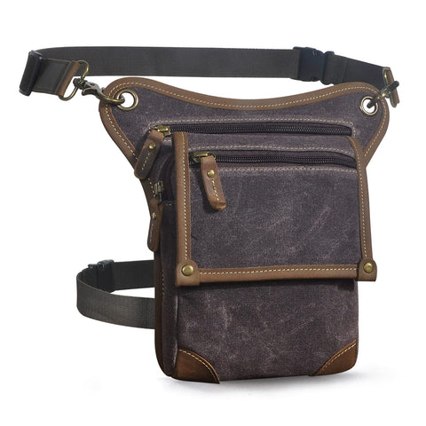 Leaokuu Mens Canvas and Genuine Leather Messenger Waterproof Hiking Waist Hip Bum Pack Drop Leg Bag 211-4 (0 Dark Coffee)