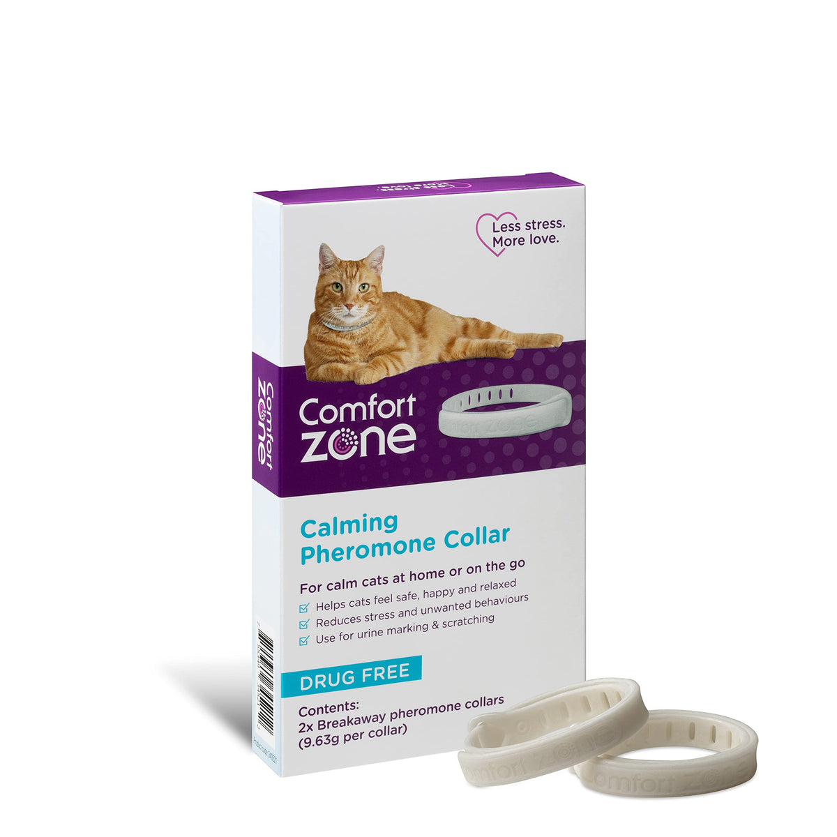 Comfort Zone Cat Calming Pheromone Collar, Helps Cats Feel Safe, Happy, Calm, Reduces Stress, Anxiety and Unwanted Behaviours, With Breakaway Feature for Safety, 2 Collar Pack, White
