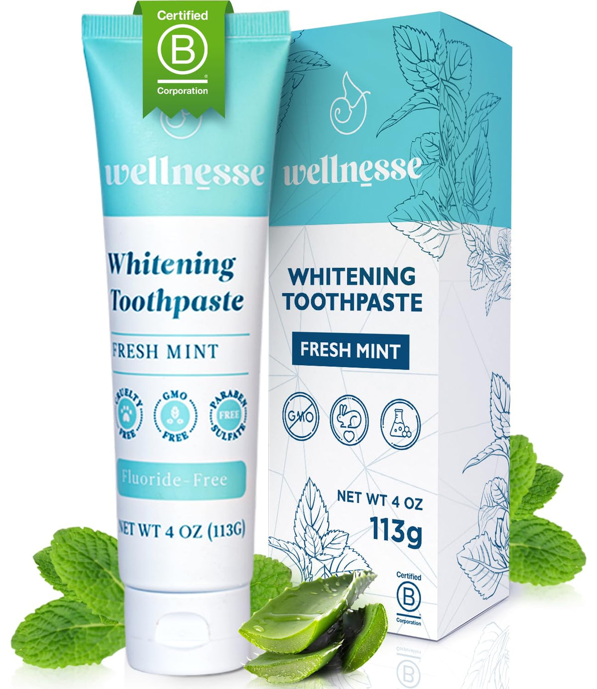 Wellnesse: Whitening Toothpaste - Fresh Mint - 1 Tube, 4 oz - Clean Teeth, Soothe Gums and Freshen Breath - Cruelty-Free, Non-GMO - No Parabens, Sulfates, Glycerin, or Fluoride