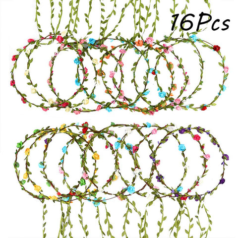 FEPITO 16 Pcs Flower Crown Flower Headband Garland Floral Wreath Headband for Festival Wedding Party Hair Accessories, 16pcs, Colorful, 16pcs