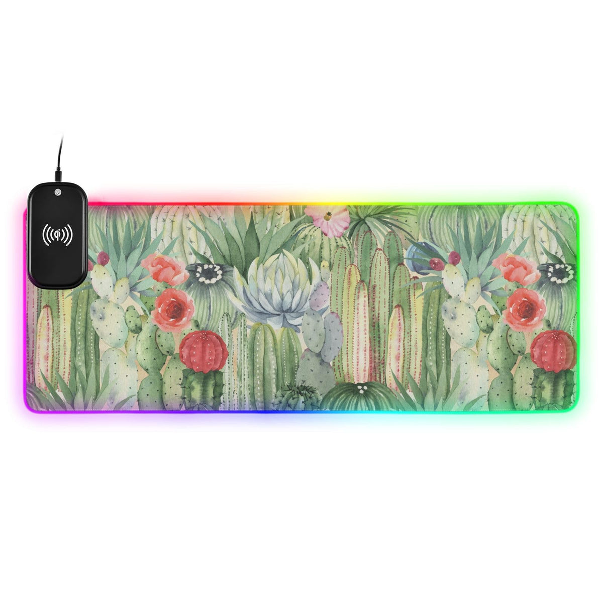 Floral Cactus Succulents Wireless Charging Mouse Pad for Mobile Phone Extra Large Gaming Mousepad with 13 Lighting Modes Computer Mat for Gaming MacBook PC Laptop Desk Home Office
