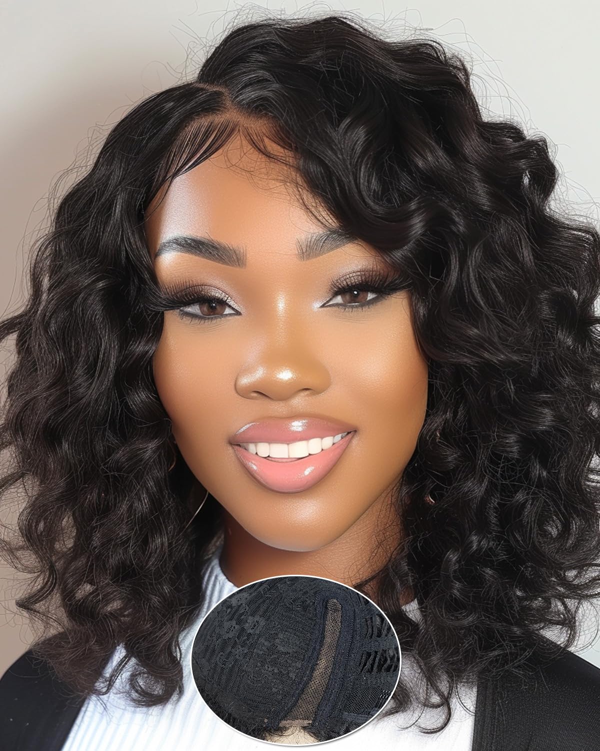 FASHION IDOL Short Curly Human Hair Bob Natural Black Wigs for Women Wear and Go Deep Wave Lace Front Wig Side Part Shouder Lenth Wig Pre plucked with Baby Hair Natural Black 150% Density