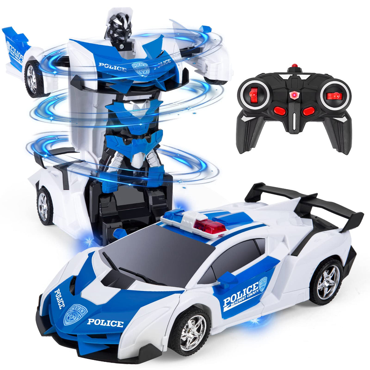 Highttoy Remote Control Car, Police Toy Car Remote Control Transforming Car for Kids 2 in 1 Transformable Robot RC Car 2.4GHz 360ÃƒÆ’Ã†â€™ÃƒÂ¢Ã¢â€šÂ¬Ã…Â¡ÃƒÆ’Ã¢â‚¬Å¡Ãƒâ€šÃ‚Â° Rotation Stunt Transforming Car Robot Toys for Boys Girls White