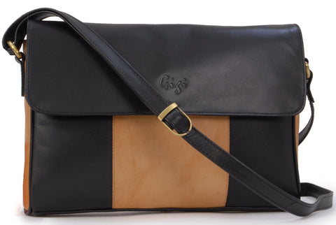 Gigi - Women's Leather Flap Over Cross Body Handbag - Shoulder Bag with Long Adjustable Strap - Black and Honey - OTHELLO 6816 - with heart keyring charm - Black Honey