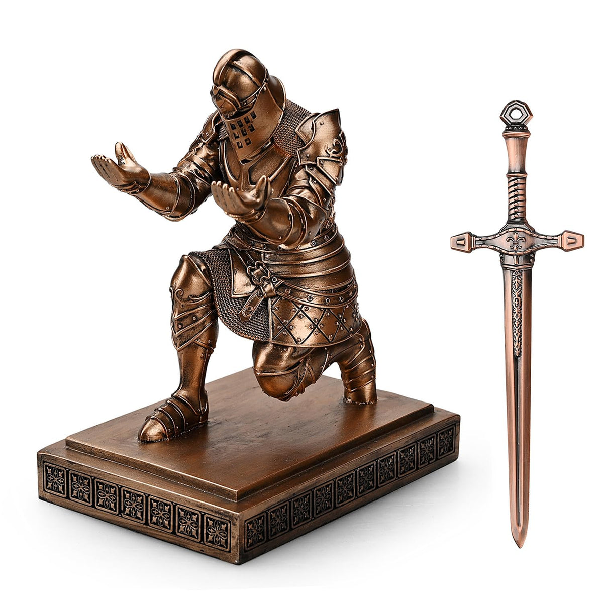 HDMbigmi King's Guard Knight Pen Holder Pen Stand Desk Organizers and Accessories Resin Pencil Holder as Gift with a Metal Sword Letter Opener for Office and Home (Copper)