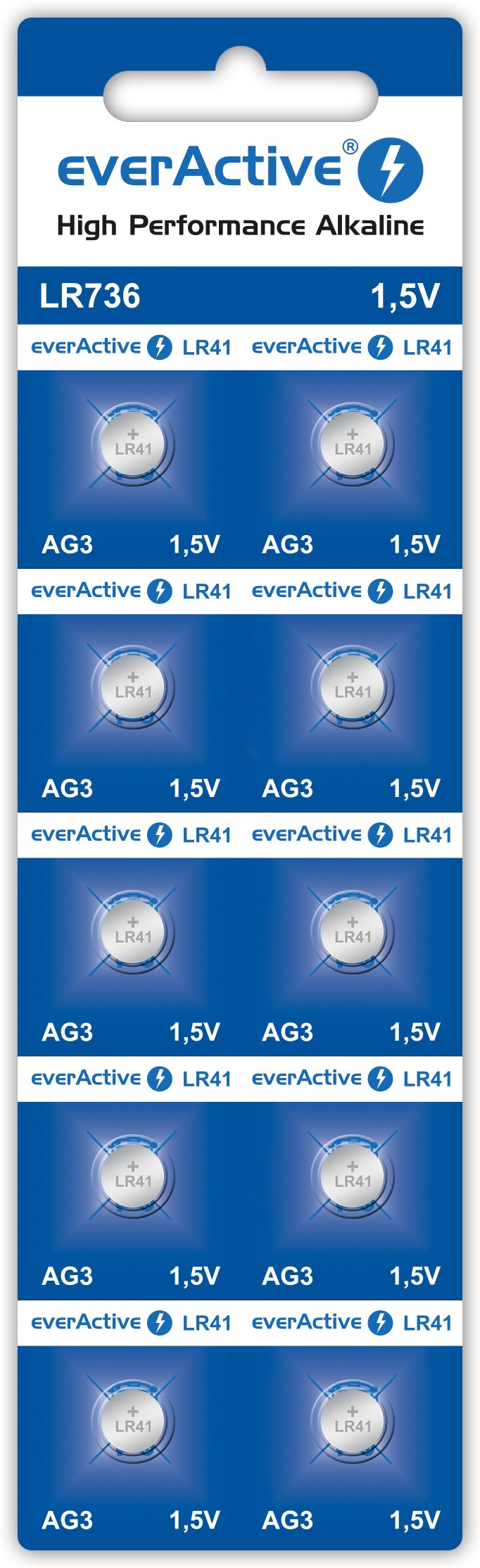 EverActive AG3 1.5V 10x Batteries Alkaline Mini G3 LR736 LR41 5 Year Shelf Life Pack of 10-1 Blister Card