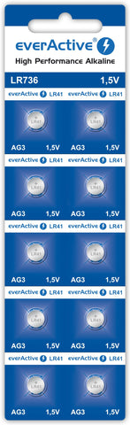 EverActive AG3 1.5V 10x Batteries Alkaline Mini G3 LR736 LR41 5 Year Shelf Life Pack of 10-1 Blister Card