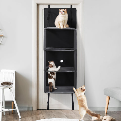 HOMBYS Door Hanging Cat Tree, Door Mounted Climber Cat Wall Perch Furniture, Cat Hammock for Indoor Cats, 4 Layers Cat Tree with Soft Fleece Cushion, Plush Ball and Holes, Portable & Save Space
