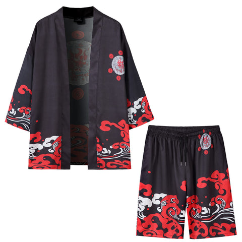 PRIJOUHE Mens Japanese Kimono Coat Suits Loose Open Front Seven Sleeve Kimono Cardigan Jacket with Shorts, Black3-23, S