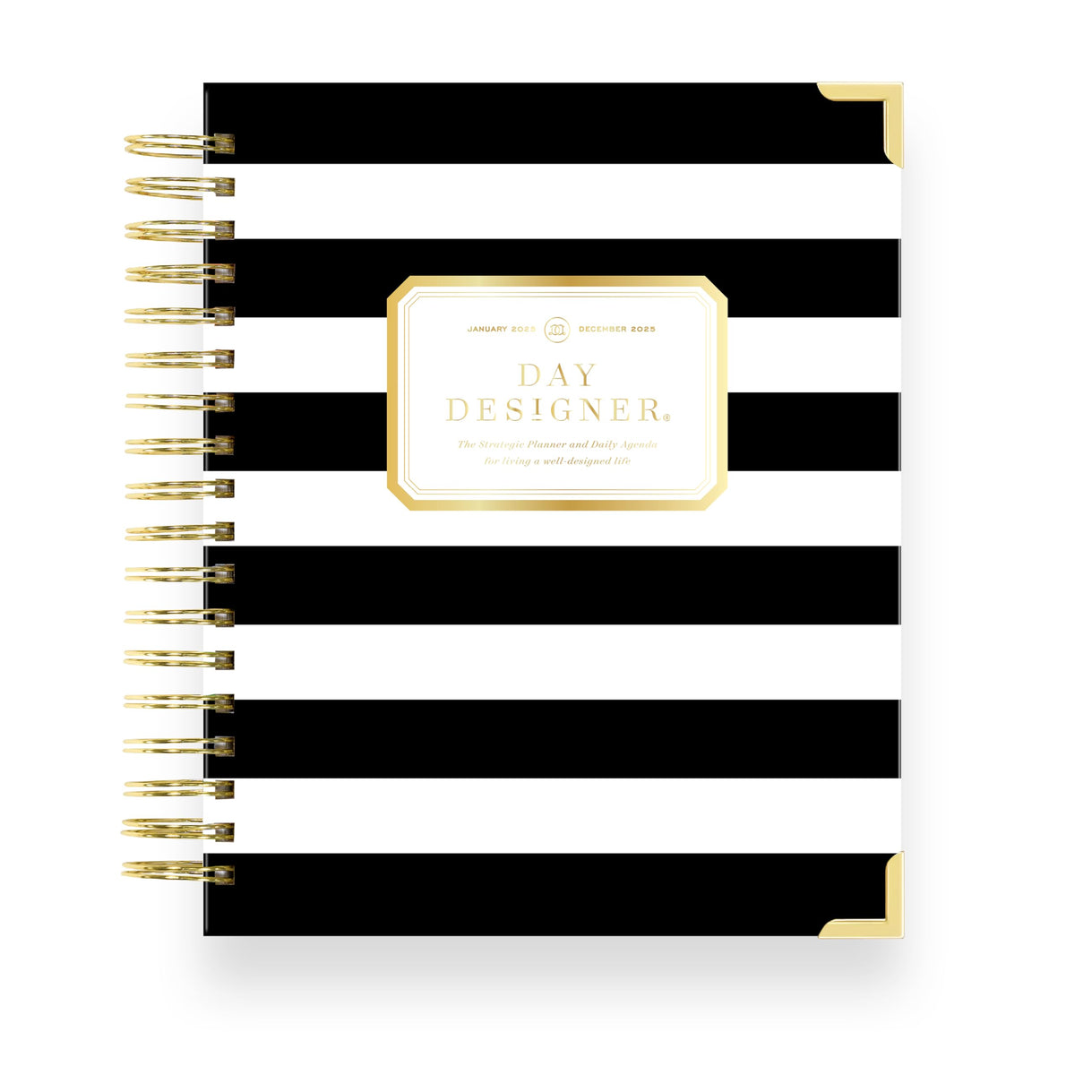 Day Designer 2025 Daily Planner - Premium Planner for Stylish Organization. Combines Monthly Calendar, Hourly Schedule, To-Do List, Gratitude, Goal Setting, Inspirational Quotes, Stickers & More. Elegant laminated Cover with Gold Accents (Black Stripe)
