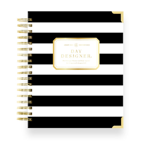 Day Designer 2025 Daily Planner - Premium Planner for Stylish Organization. Combines Monthly Calendar, Hourly Schedule, To-Do List, Gratitude, Goal Setting, Inspirational Quotes, Stickers & More. Elegant laminated Cover with Gold Accents (Black Stripe)