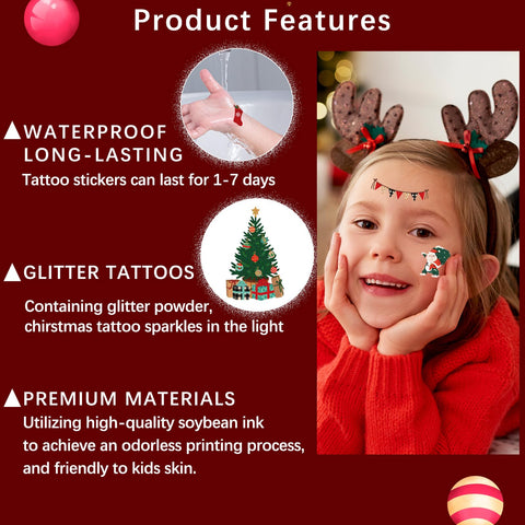 176PCS Glitter Christmas Tattoos for Kids, Temporary Tattoos for Christmas Stocking Stuffers Party Decorations Supplies, Xmas Tattoo Stickers for Boys and Girls Merry Christmas Eve Gift