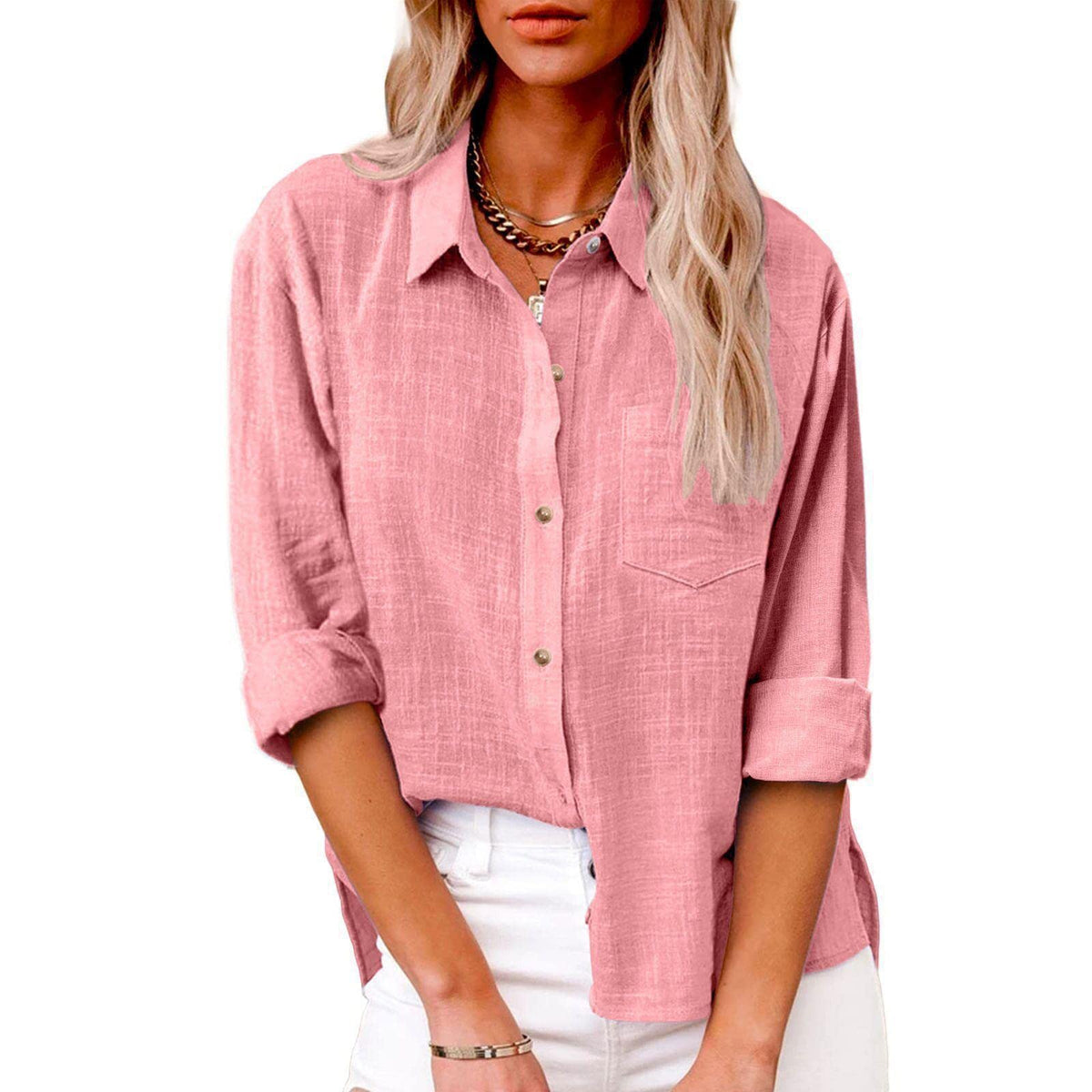 Chahuer Women's Fashion Loose Linen Shirts Spring Summer Solid Color Pocket Decoration Split Long Sleeve Shirts Pink 4XL